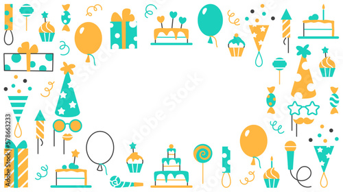Event service background with text space. Horizontal Birthday party carnival festival celebration banner with fun color flat line abstract elements cake balloons hat muffin candy vector illustration.