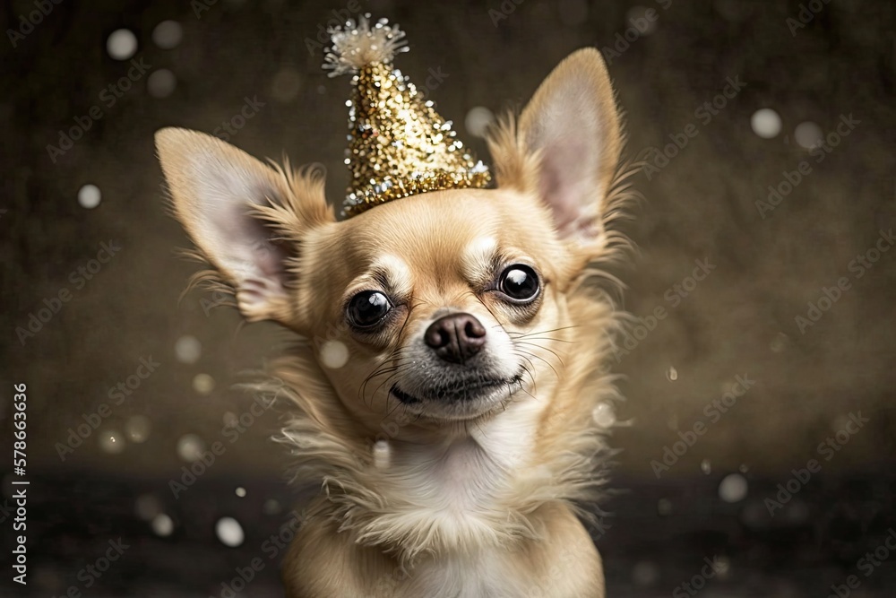 To celebrate their birthday, a small dog is decked out in a gold birthday crown and confetti. Generative AI