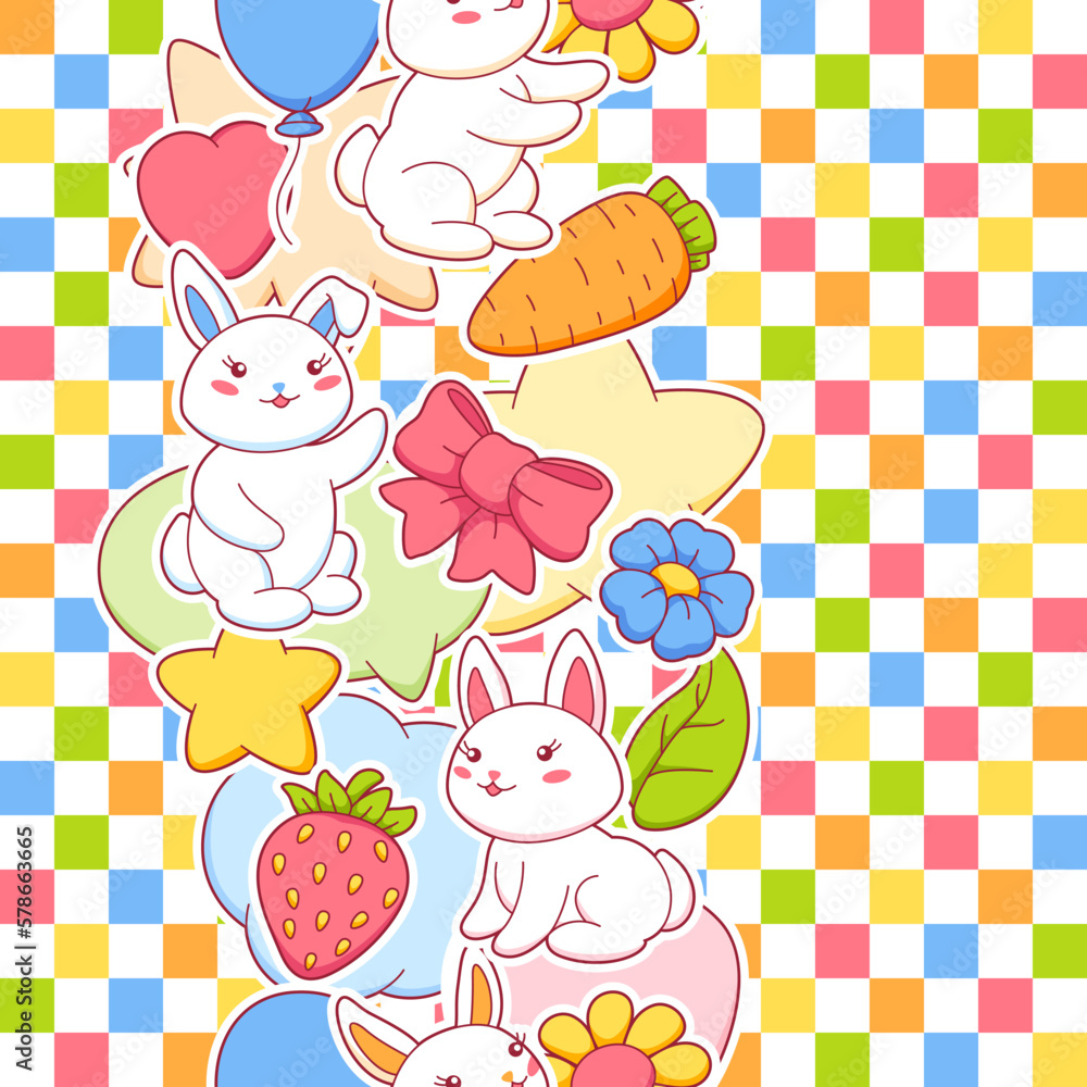 Obraz premium Seamless pattern with cute kawaii little bunnies. Funny characters and decorations in cartoon style.