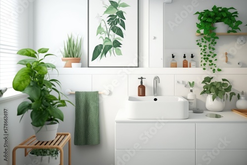 A bathroom with a white sink, a towel rack, and a plant in the corner. Generative AI
