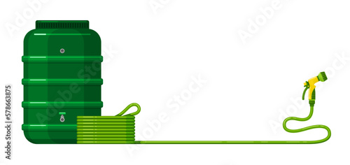 Hose with spray nozzle and green barrel for rain water storage in garden. Big plastic reservoir with taps and rubber pipe for irrigate plants, side view. Vector cartoon background, banner template