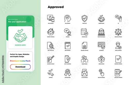 Approved thin line icons set: sync, idea, agreement, calendar date, employee, audit completed, document certified, profile, checklist, understanding. Modern vector illustration.