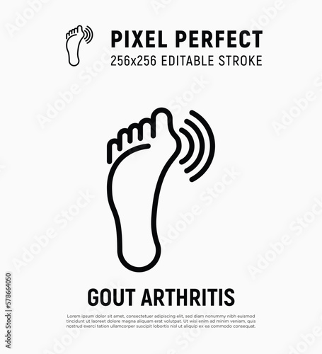 Gout arthritis on foot, joint inflammation thin line icon. Osteoarthritis. Pixel perfect, editable stroke. Vector illustration.