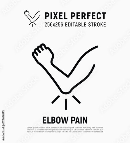 Elbow pain, arthritis symptom thin line icon. Joint inflammation. Pixel perfect, editable stroke. Vector illustration.
