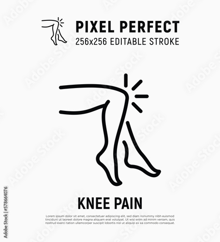 Knee pain, arthritis symptom thin line icon. Joint inflammation. Pixel perfect, editable stroke. Vector illustration.