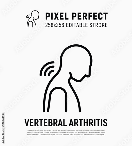 Vertebral arthritis thin line icon. Joint inflammation, neck pain. Pixel perfect, editable stroke. Vector illustration.