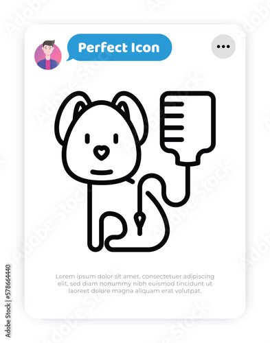 Vet clinic, blood transfusion for pet. Dog with blood bag. Thin line icon. Vector illustration.