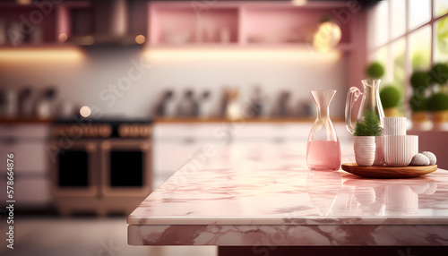 Modern empty pink marble table top  blurred kitchen background  Generative AI