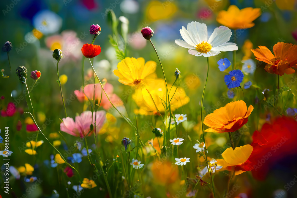 Fototapeta premium Colorful flower meadow in spring, ai generative