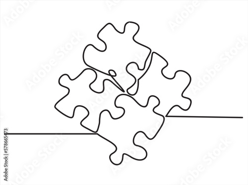 Continuous one line drawing of a groupe piece jigsaw on a white background. Puzzle game symbol and iconic business metaphor for problem solving, solution and strategy.