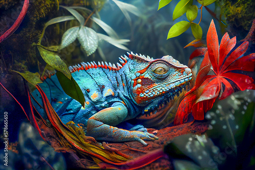 Colorful iguana in the fantasy rain forest  ai illustration