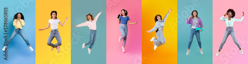 Group Of Happy Overjoyed Females Jumping In Air Over Colorful Backgrounds