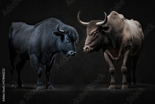 The black bull and the black bear against a black background . Generative AI