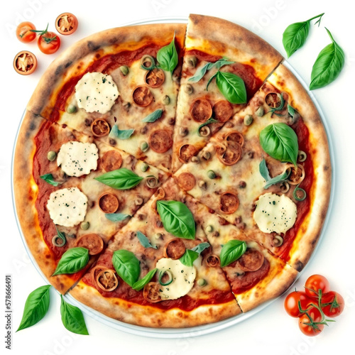 delicious pizza, italian cuisine, isolated on a white background,, generative ai