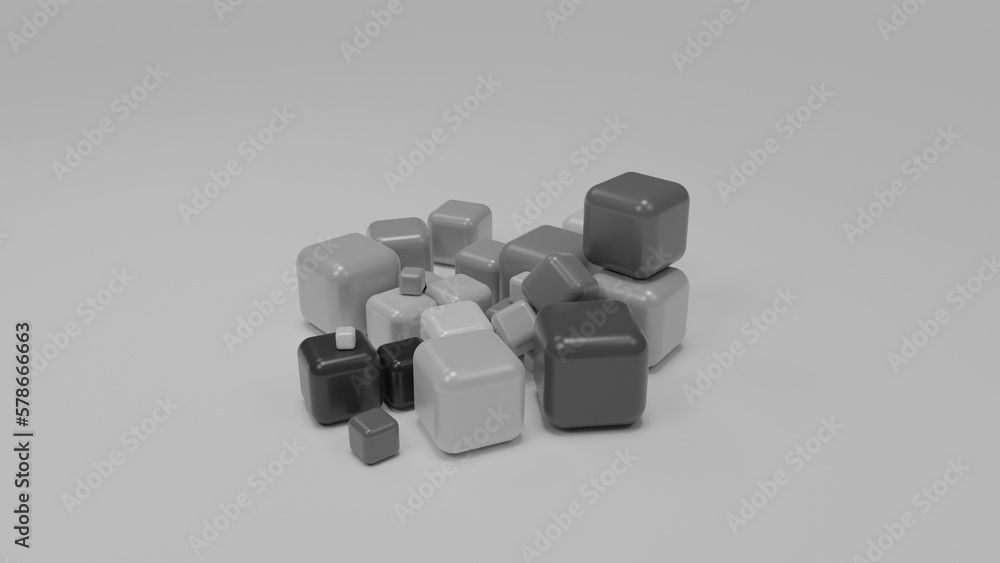 3d rendering of a set of monochrome cubes on a white surface. Cubes in a color range from black to white. Abstract composition. 3d rendering of a set of monochrome cubes on a white surface. Cubes in a color range from black to white. Abstract composition.