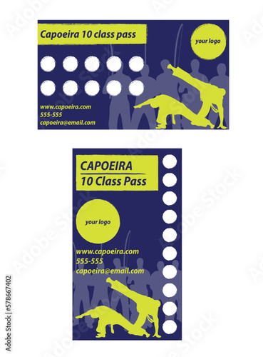 Capoeira training business card. Loyalty card. 10 class pass card vector template.