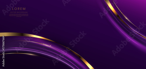 Abstract glowing gold curved lines on dark purple background with lighting effect and sparkle with copy space for text.