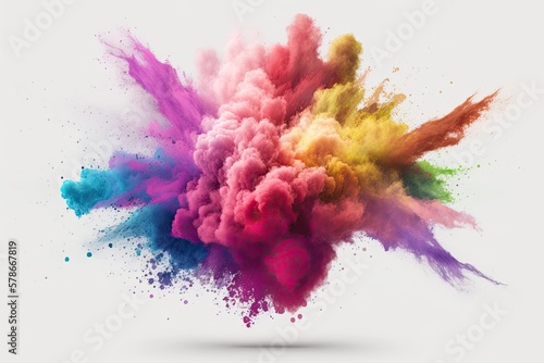 An eruption of colorful powder against a white background. The cloud took on a variety of hues. In the aftermath, dust of all colors scatters. Holi paint. Generative AI