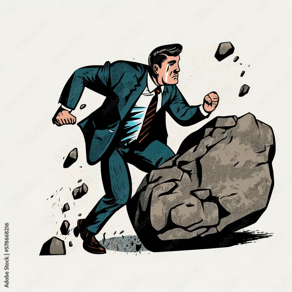 Businessman pushing rock uphill pop art PNG illustration with ...