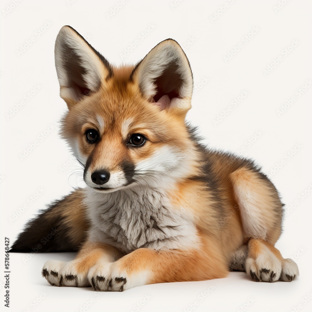 Cute little fox laying down. Looking curious towards camera. Isolated cutout on a transparent background trigger red mammal prick-ears little child portrait Generative AI 