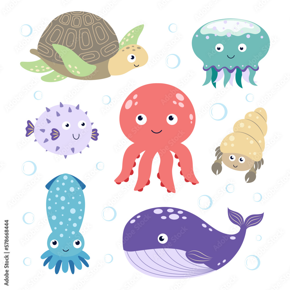 different sea and ocean animals set isolated different sea and ocean animals set isolated
