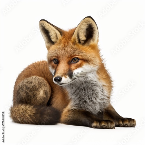 Cute little fox laying down. Looking curious towards camera. Isolated cutout on a transparent background trigger red mammal prick-ears little child portrait watching something Generative AI  © Gerg