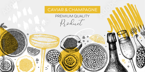 Caviar and champagne hand drawn illustrations collection. Hand drawn red caviar canape, canned black caviar, sparkling wine bottle, glasses sketches set. Seafood drawings isolated on white background