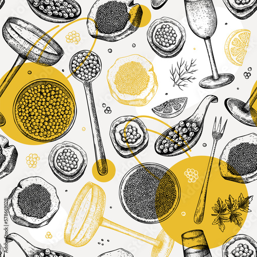 Caviar and champagne hand drawn illustrations collection. Hand drawn red caviar canape, canned black caviar, sparkling wine bottle, glasses sketches set. Seafood drawings isolated on white background