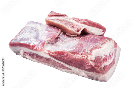 Raw pork belly with skin on a butcher table.  Isolated, transparent background