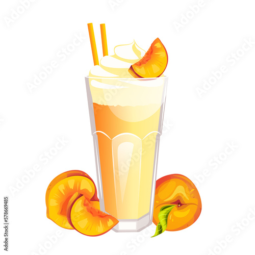 Peach milkshake decorated with peach slices and whipped cream.Vector illustration.