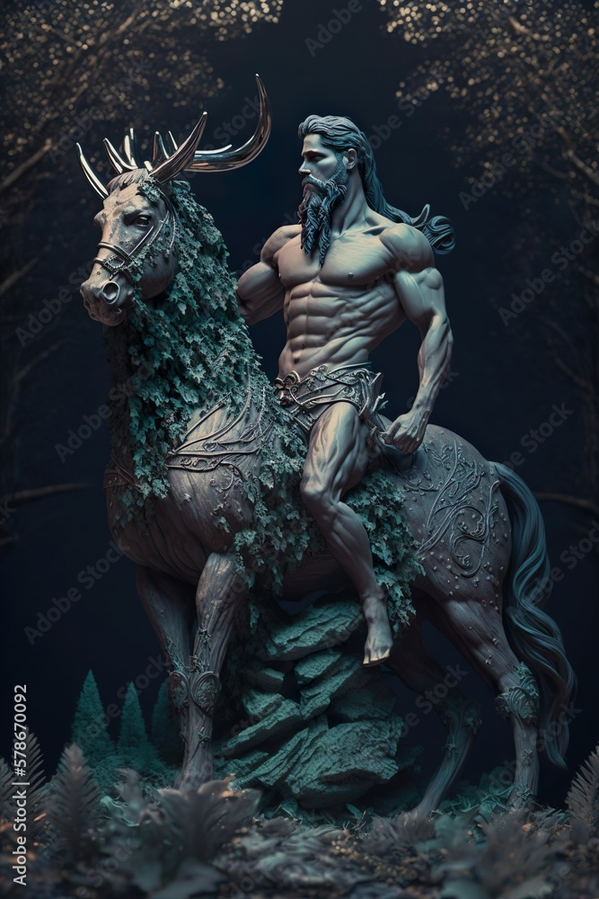 Sagitarius zodiac sigh as a beard muscular man with long hair riding a deer