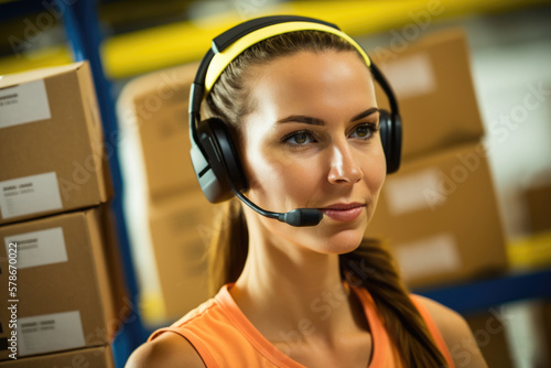 Communication Professional: Smiling woman with headphones and microphone ready to work in a warehouse