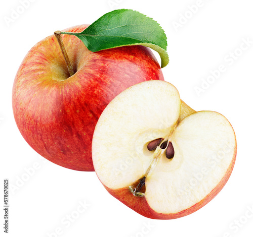 Ripe red apple fruit with apple half and green leaf isolated on transparent background