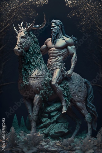 Sagitarius zodiac sigh as a beard muscular man with long hair riding a deer © Andrei