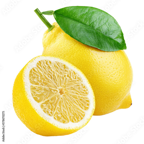 Ripe yellow lemon citrus fruit with green leaf and half isolated on transparent background. Full depth of field.