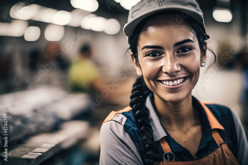 Smiling young Hispanic woman worker in a market wearing an orange work apron and visor cap, with market background. Concept of female labor integration