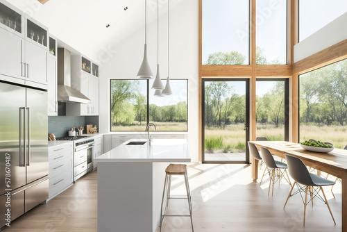 modern bright light luxury kitchen in the forest house overlooking to the beautiful lake, generative ai