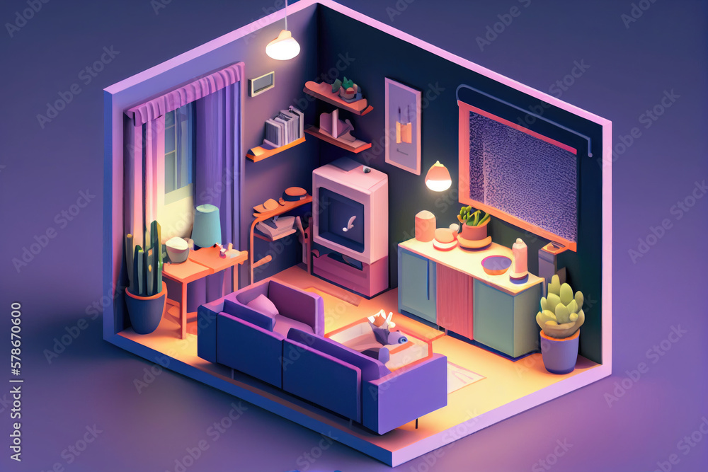 Generative AI 3d of an isometric dining room by night Generative AI 3d of an isometric dining room by night