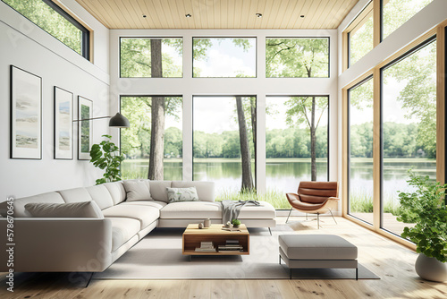 modern bright light luxury living room in the forest house overlooking to the beautiful lake, generative ai