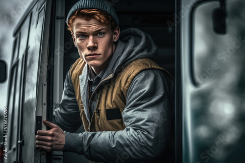 Young Caucasian Man in Winter Work Clothes with Serious Expression, Delivering Packages in Front of his Delivery Van. Concept of Efficient and Reliable Delivery Service