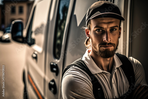 Efficient and Reliable Delivery Service by a Young Man with a Visor Cap, Delivering Parcels in front of his Van