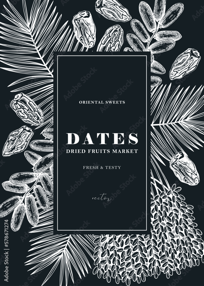 Naklejka premium Hand drawn vegan food wreath design with date palm leaves and dried fruits illustrations in engraved style. Dried dates sketch banner template on chalkboard