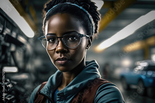 Young Afroamerican Woman Mechanic in a Workshop with Automotive Tools and Cars in the Background. Concept of Labor Diversity and Skilled Women in Male-Dominated Industries