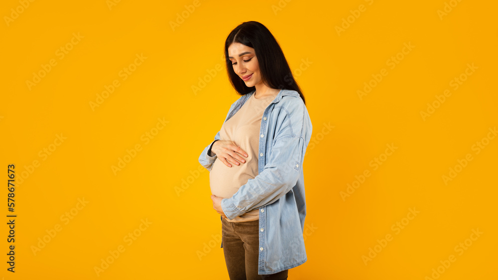Expecting a baby. Portrait of happy pregnant lady tenderly touching belly and smiling, posing on yellow background Expecting a baby. Portrait of happy pregnant lady tenderly touching belly and smiling, posing on yellow background