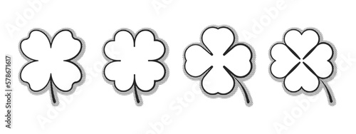 Black four leaf clover simple flat icon collection with halftone shadow isolated on white background. Shamrock vector sign for app and website. Nature, luck, happy, or saint patrick concept