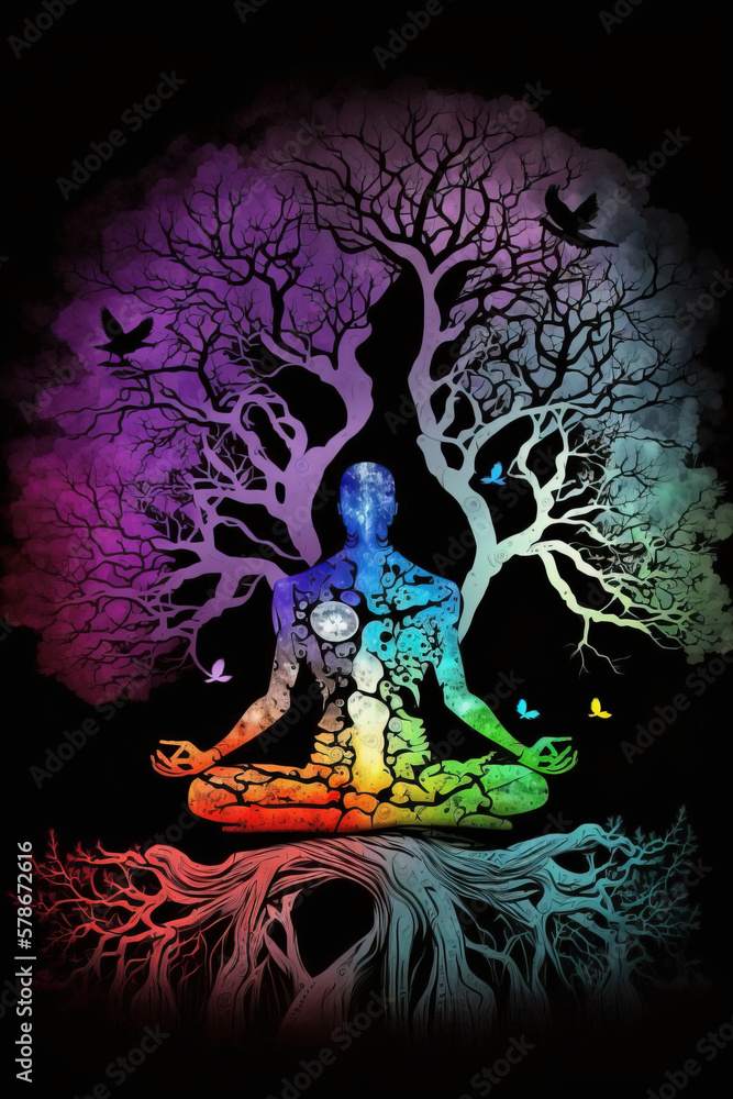 Full color silhouette illustration and chakras of a person in tree asana yoga pose. Lotus asana yoga pose. Valid as a poster design for yoga, reiki, zen rooms. created with Generative AI technology