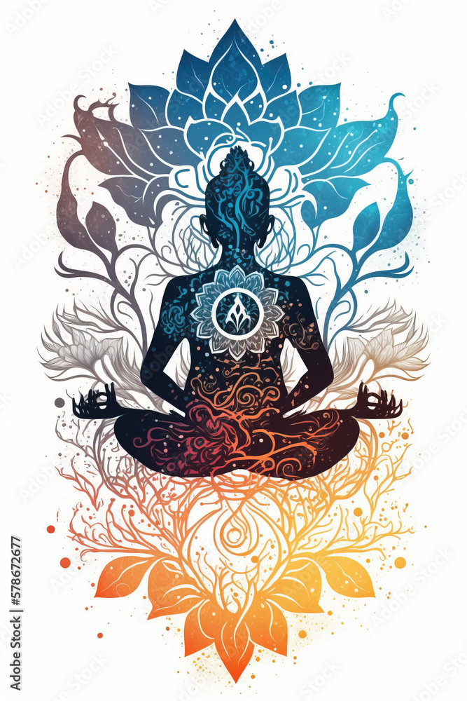 Fototapeta premium Mandala Full color silhouette illustration and chakras of a person in tree asana yoga pose. Lotus asana yoga pose. Poster design for yoga, reiki, zen rooms, created with Generative AI technology