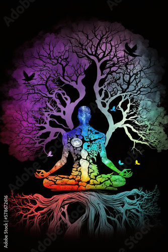 Full color silhouette illustration and chakras of a person in tree asana yoga pose. Lotus asana yoga pose. Valid as a poster design for yoga, reiki, zen rooms. created with Generative AI technology