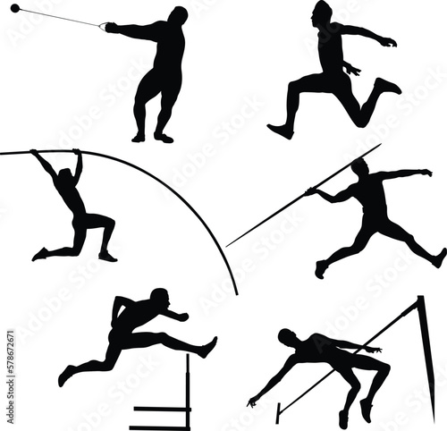 set group olympic athletes men in athletics black silhouette on white background, sports vector illustration