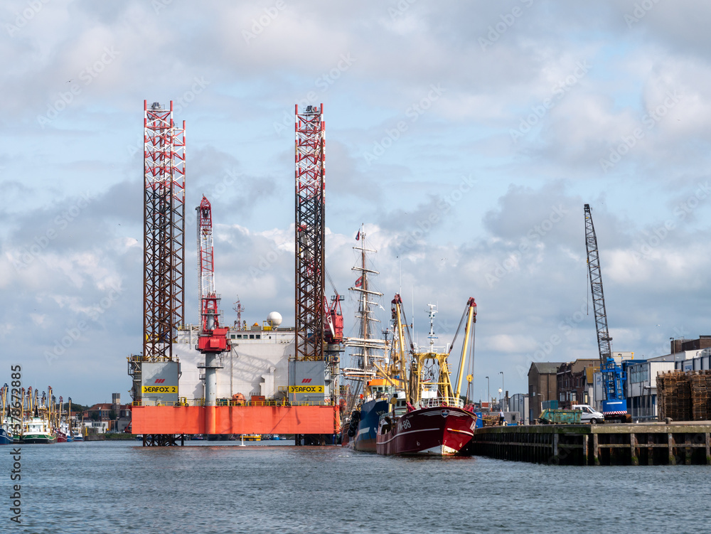 Offshore platform at quay in harbour of IJmuiden, Netherlands